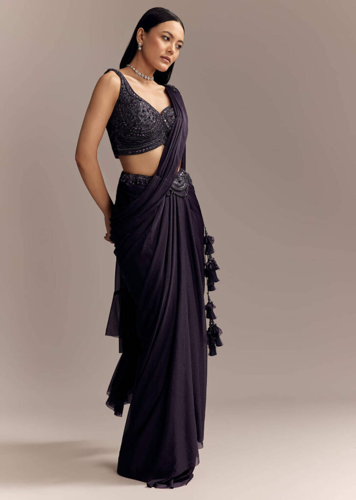 Purple Lycra Ready Pleated Saree With Embroidery And Matching Blouse