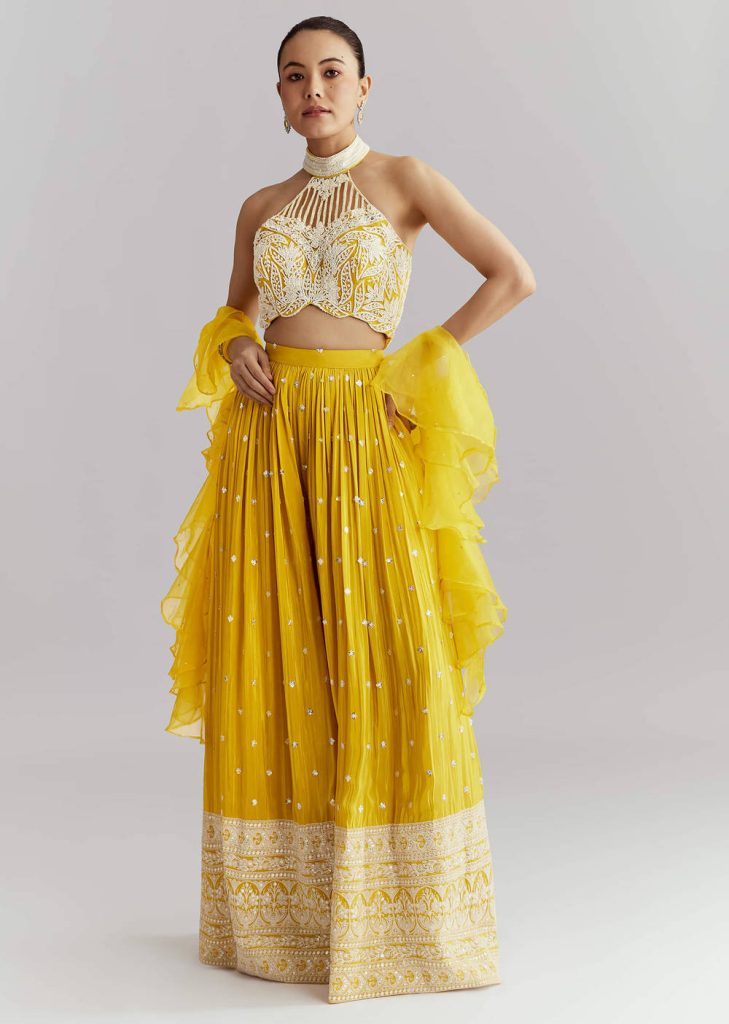 Yellow Crepe Crop Top Palazzo Pant Set With Embroidery