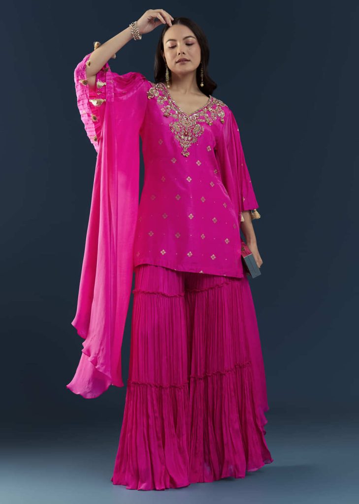 Pink Silk Top and Sharara Set with Sequin Work

