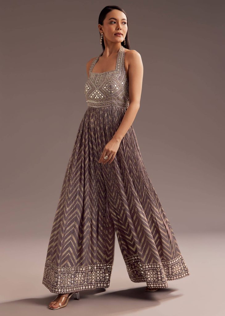 Purple Mirror Cutdana Work Halter Neck Jumpsuit

