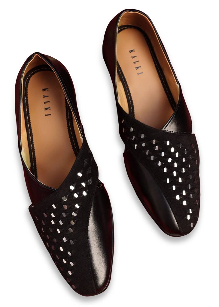 Black Leather And Velvet Jutti With Mirror Work