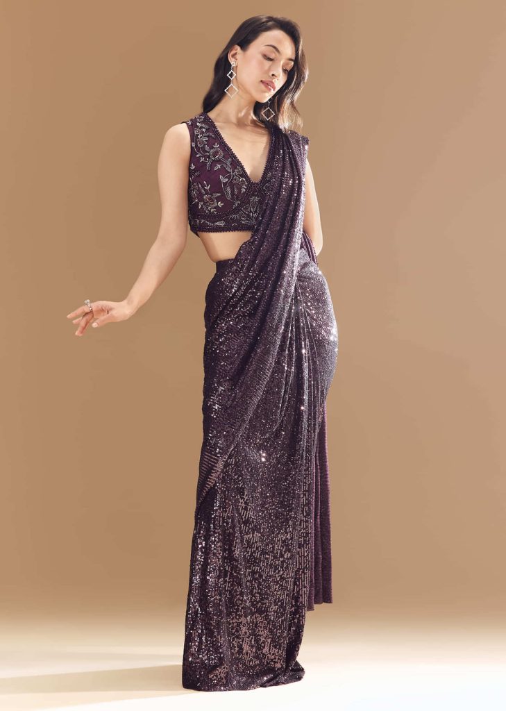 Purple Ready Pleated Shimmer Net Saree with Blouse

