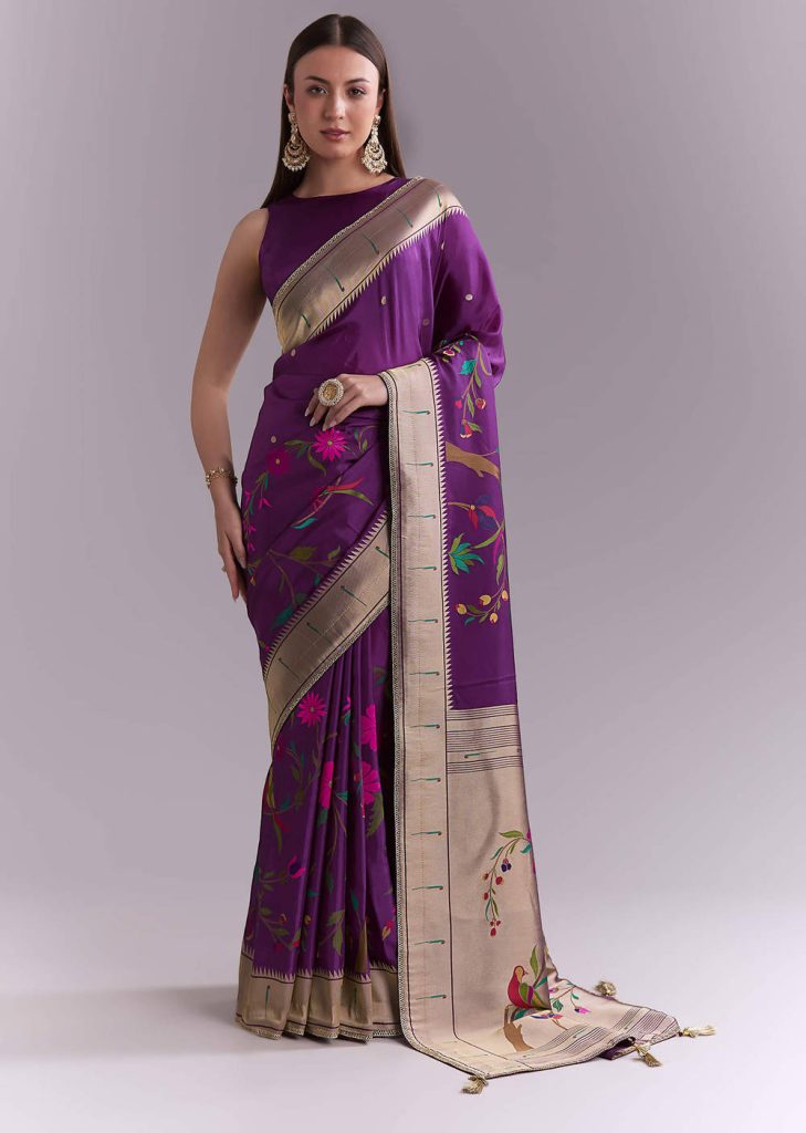 Purple Silk Muniya Paithani Saree With Booti And Zari Work

