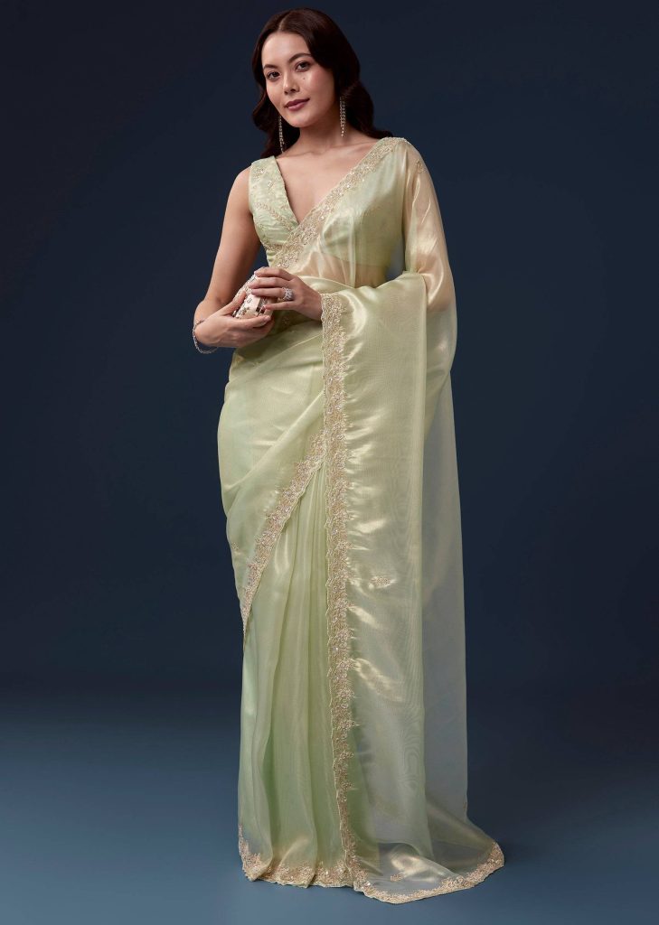 Pista Green Tissue Saree With Cutdana Beads Sequins And Zardosi Work

