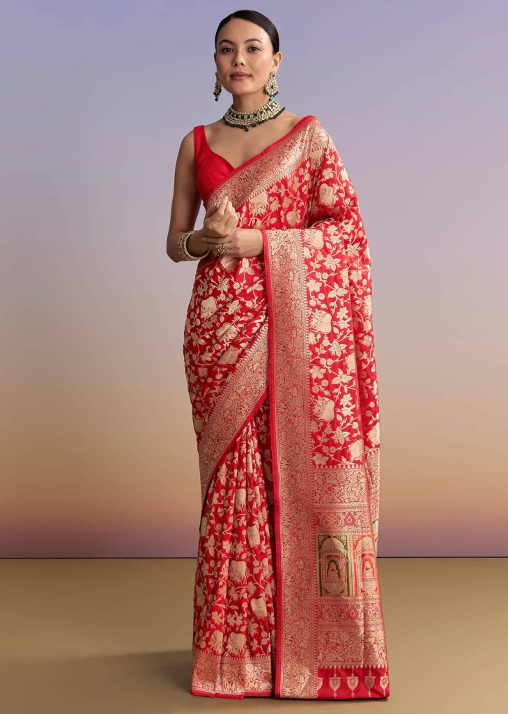 Red Silk Handwoven Banarasi Saree With Floral Zari Jaal Work