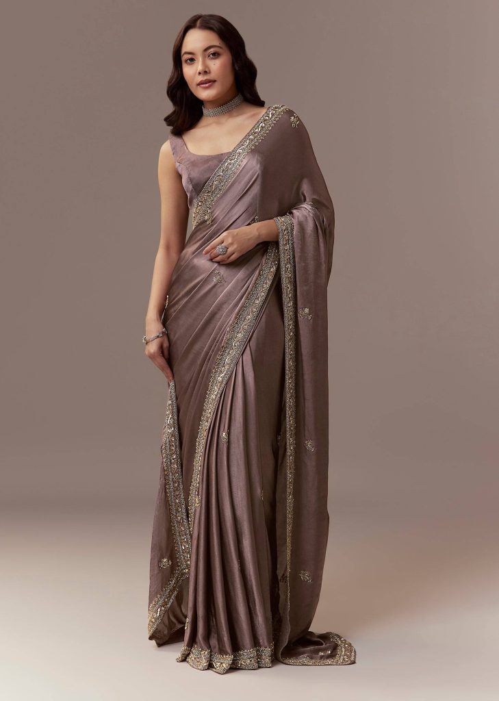 Dusky Brown Chinnon Saree With Cutdana Beads And Sequin Embroidery