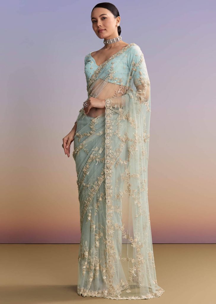 Ice Blue Net Embroidered Saree With Cutdana And Bead Work

