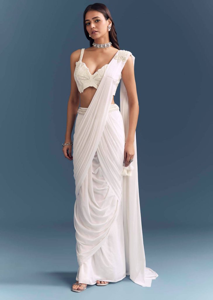 White Lycra Ready Pleated Saree With Intricate Hand Embroidery

