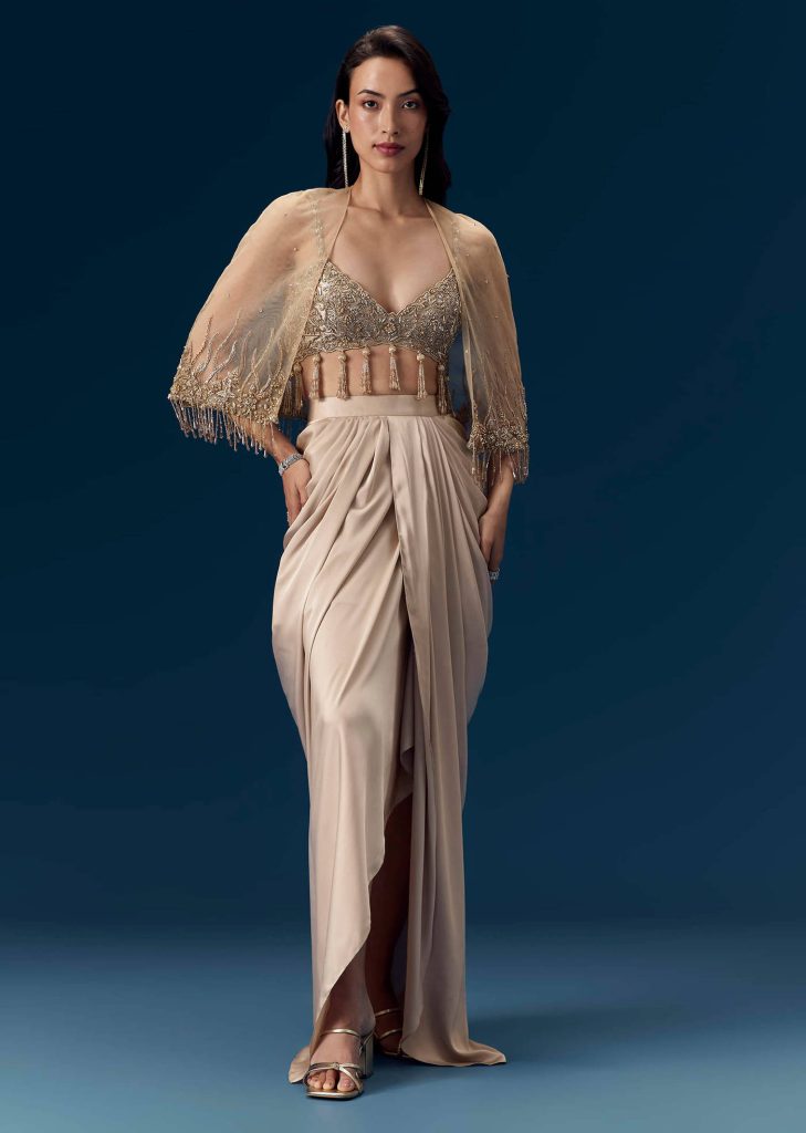 Champagne Embeliished Crop Top and Draped Skirt Set

