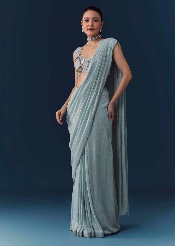 Ice Blue Pre Pleated Saree with Sequin Embellished Blouse


