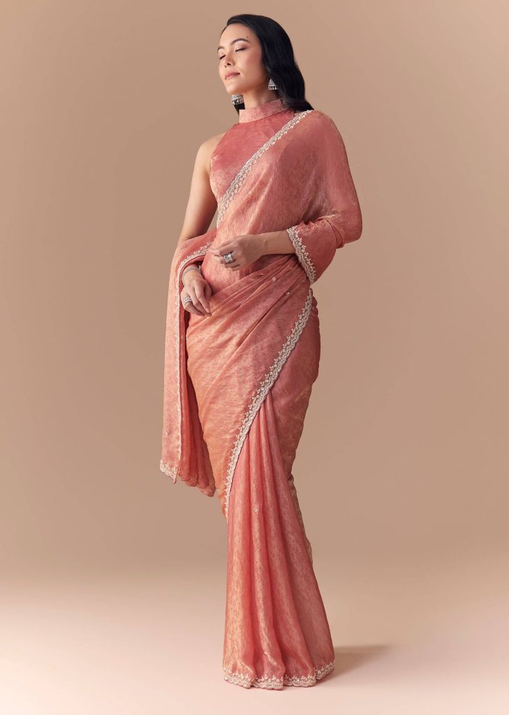 Peach Jacquard Print Tissue Saree with Unstitched Blouse

