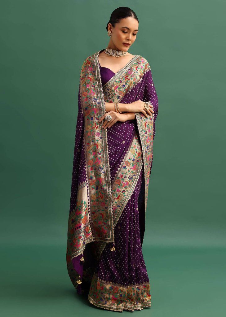 Purple Silk Woven Bandhani Saree With Paithani Border Pallu And Unstitched Blouse

