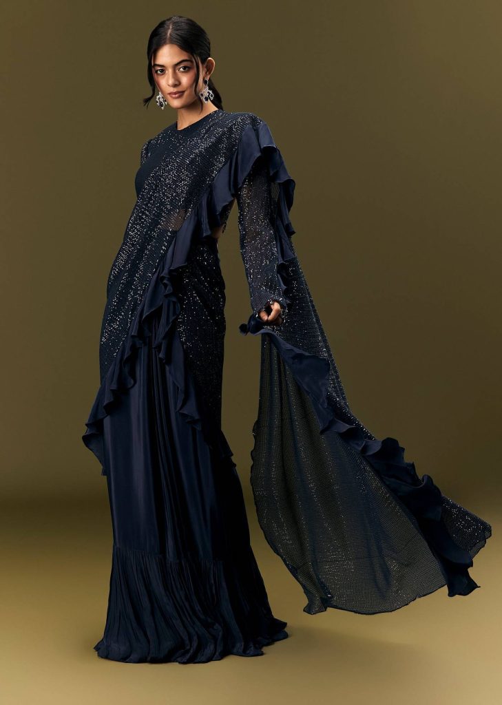 Navy Blue Crepe Ready Pleated Saree With Full Sleeve High Neck Blouse

