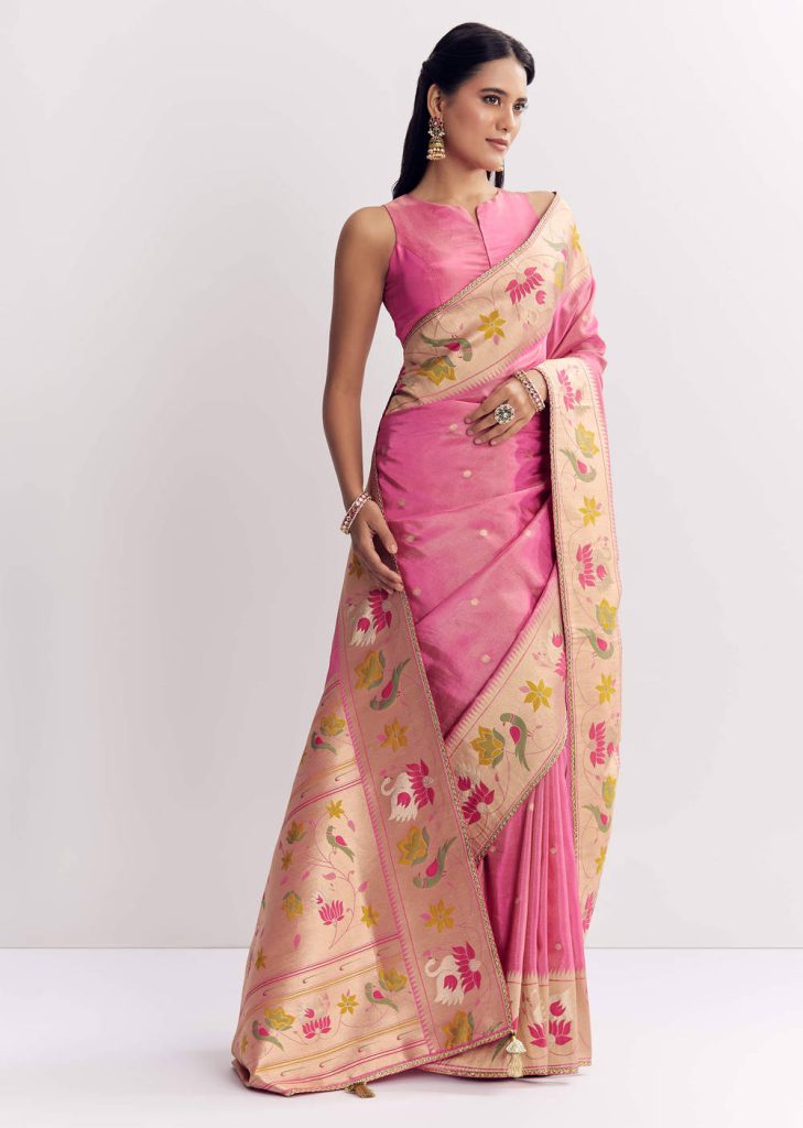 Pink Dola Silk Paithani Saree With Dollar Butti And Multicolor Motif

