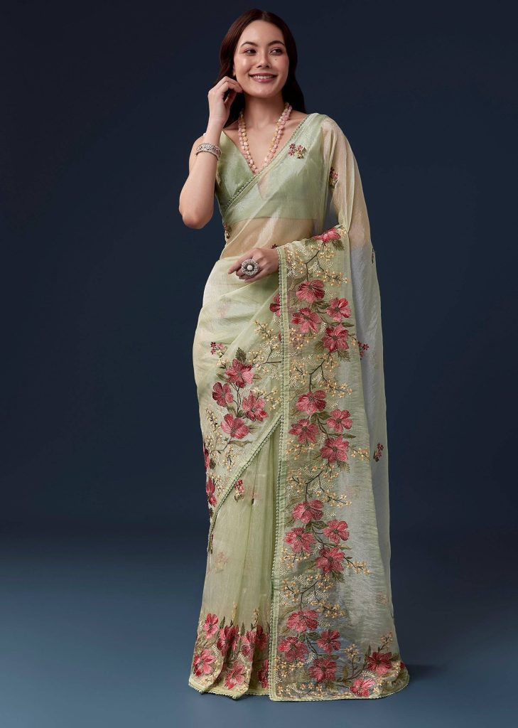 Pista Green Tissue Organza Saree With Multicolor Resham Thread And Lace Border

