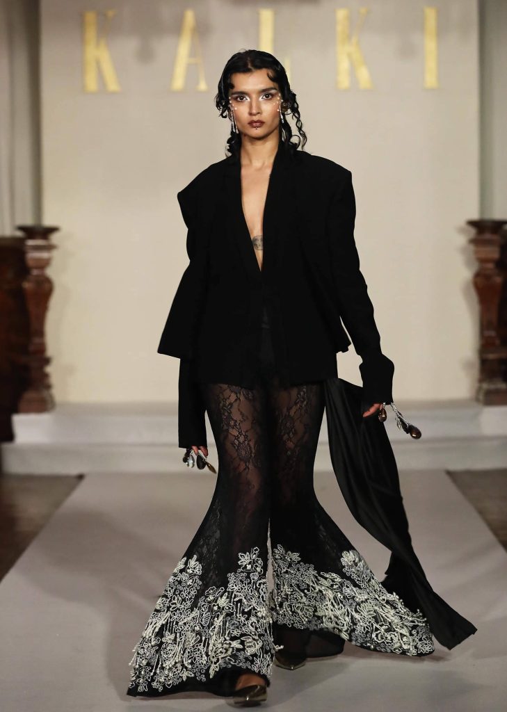 Black Indo Western Suit For Women With Pearl Tasselled Pants

