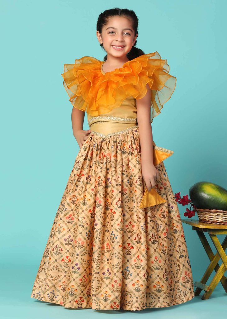 Kalki Carrot Orange Top And Lehenga Set In Cotton Silk For Girls


