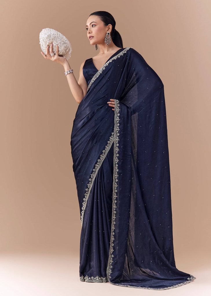 Navy Blue Chinon Embroidered Border Saree with Blouse Fabric

