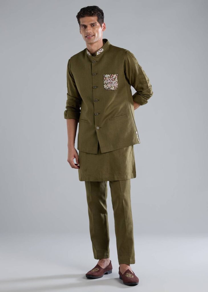 Mehendi Green Kurta Jacket Set With Thread Resham Work

