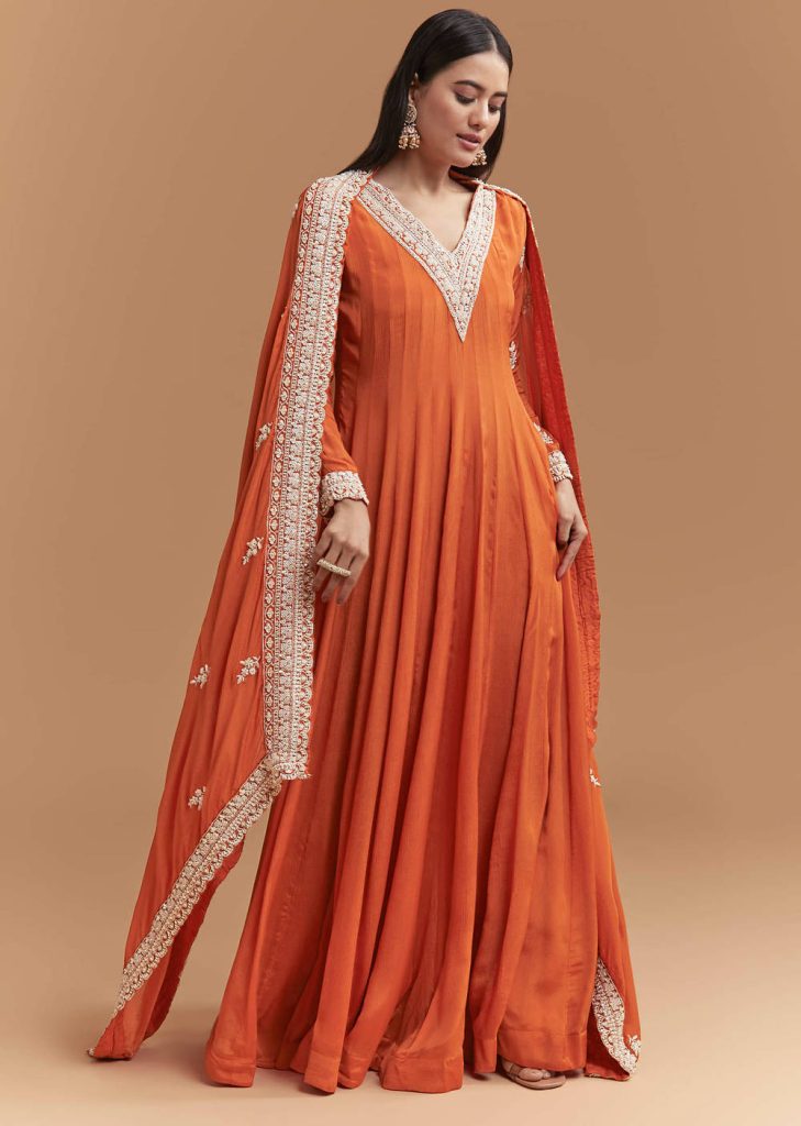 Orange Chinon Anarkali Suit With Intricate Hand Embroidery

