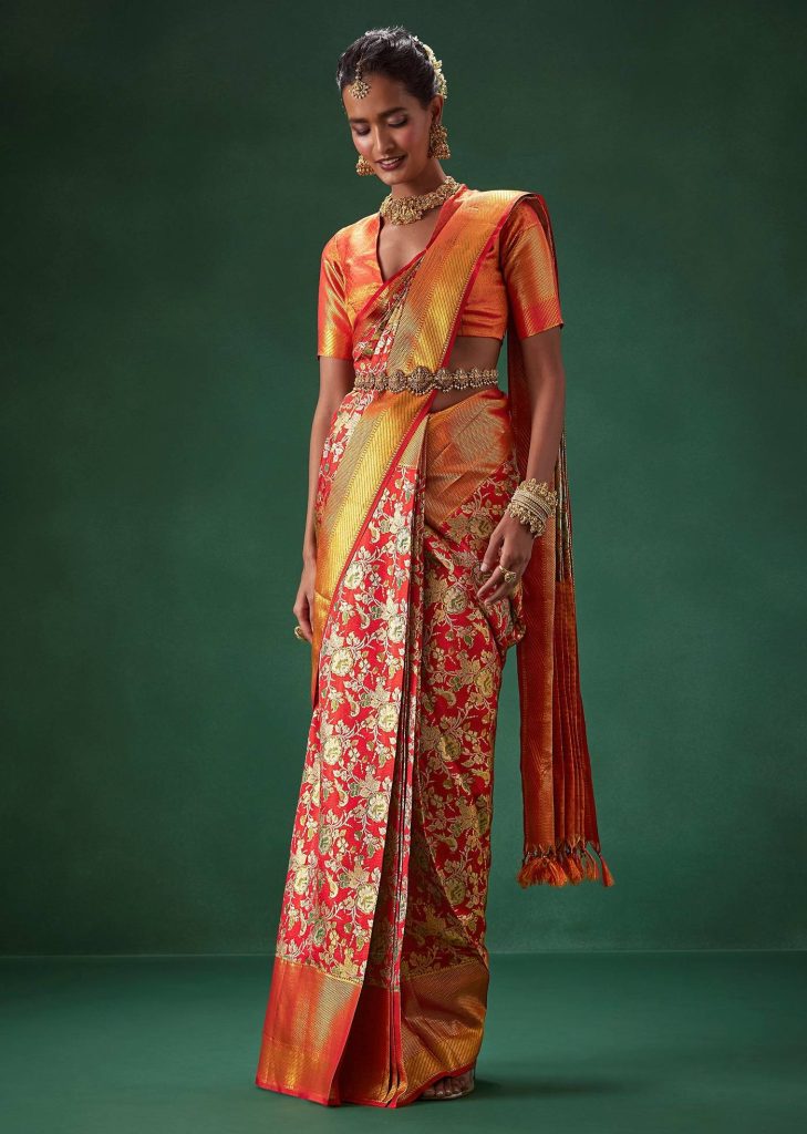 Red Bridal Kanjivaram Zari Weave Saree with Unstitched Blouse


