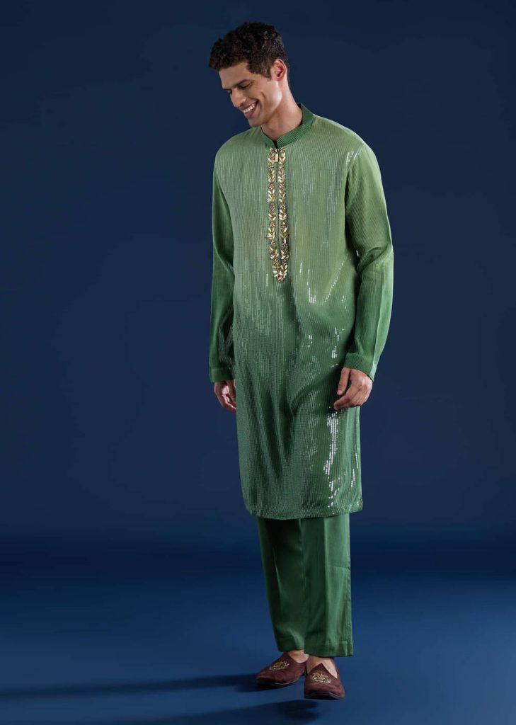 Green Sequin Work Mens Kurta and Pant Set

