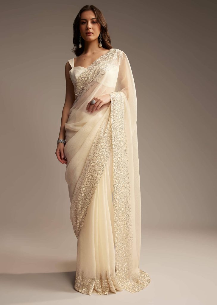 Ivory Chiffon Embellished Saree with Resham and Stone Work

