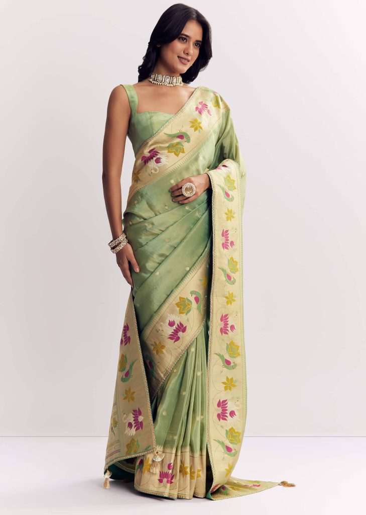 Green Dola Silk Paithani Saree With Dollar Butti And Multicolor Motif

