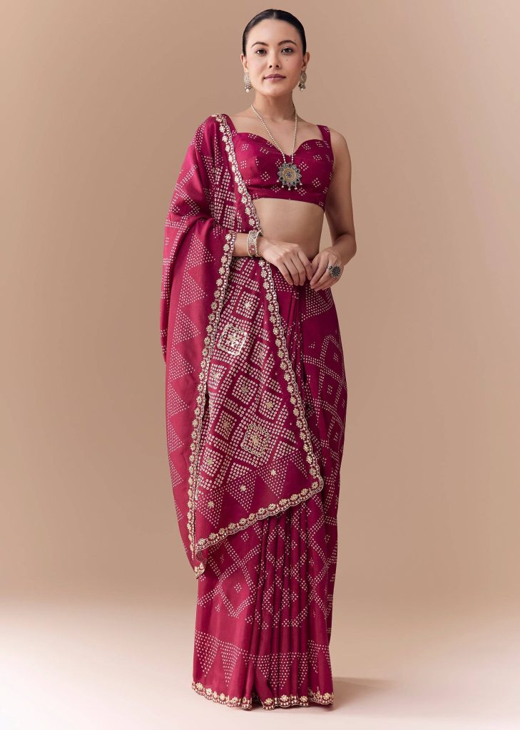 Wine Crepe Bandhani Print Saree with Blouse Fabric

