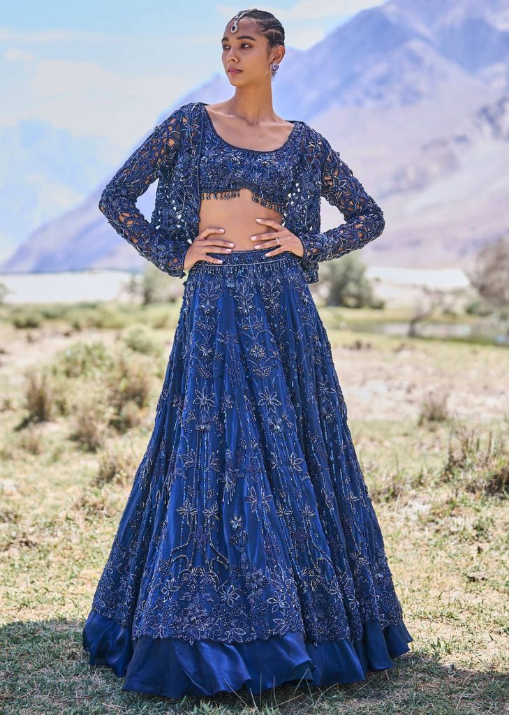 Blue Embroidered 10 Kali Lehenga With Blouse And Jacket