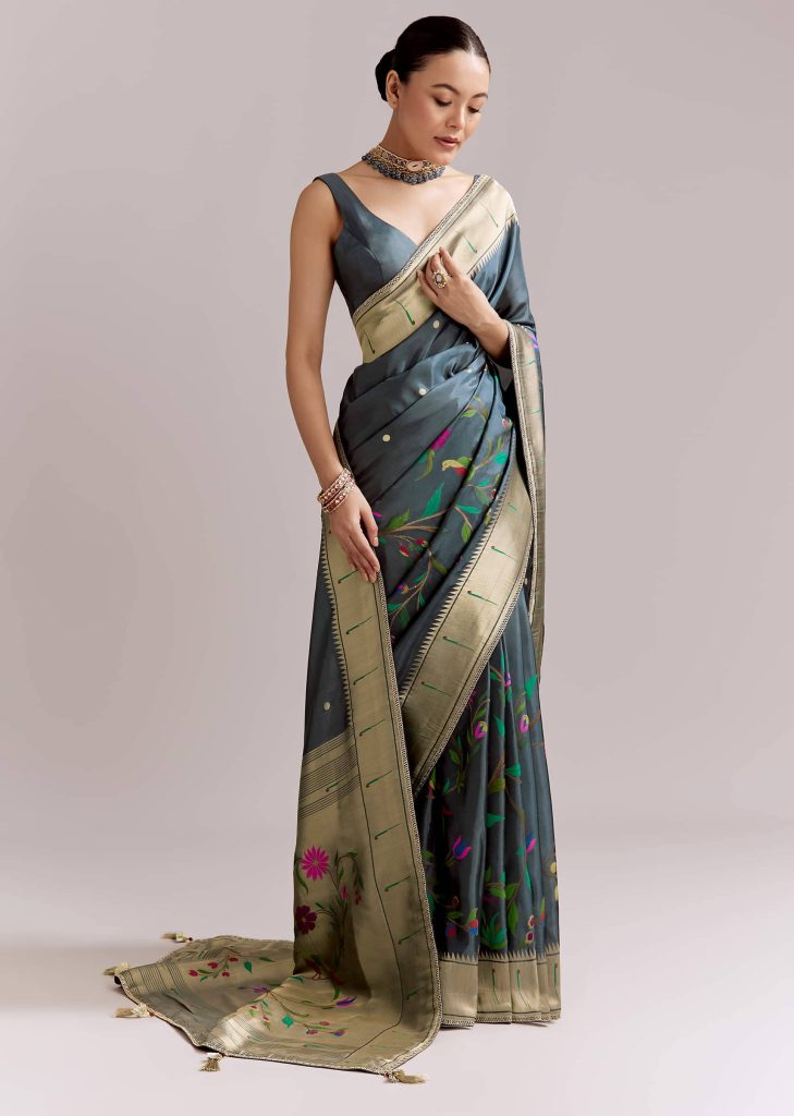 Pencil Grey Dola Silk Woven Muniya Paithani Saree With Zari Border

