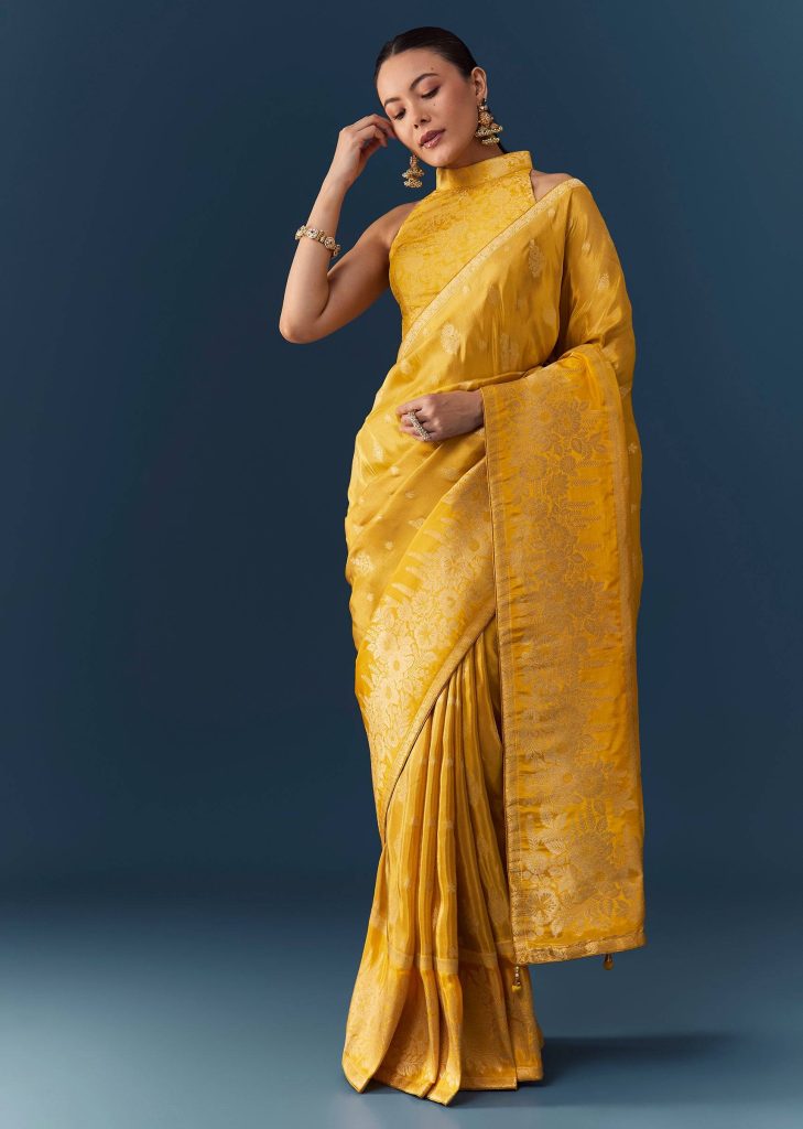 Mustard Yellow Dola Silk Saree with Blouse Fabric

