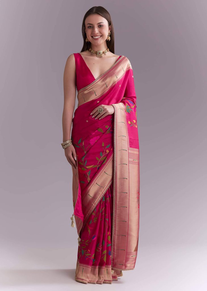 Pink Silk Muniya Paithani Saree With Multicolour Floral Motifs

