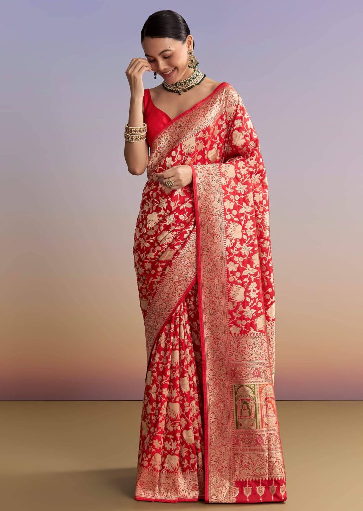 Red Silk Handwoven Banarasi Saree With Floral Zari Jaal Work

