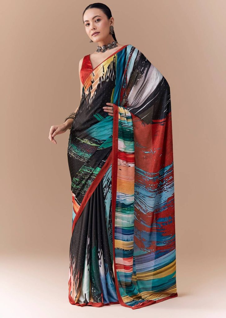 Black Satin Striped Printed Saree with Blouse Fabric

