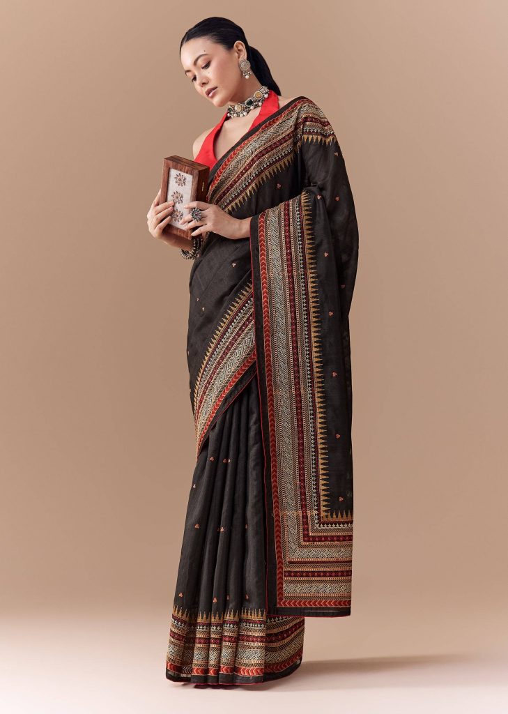 Black Cotton Linen Saree with Blouse Fabric

