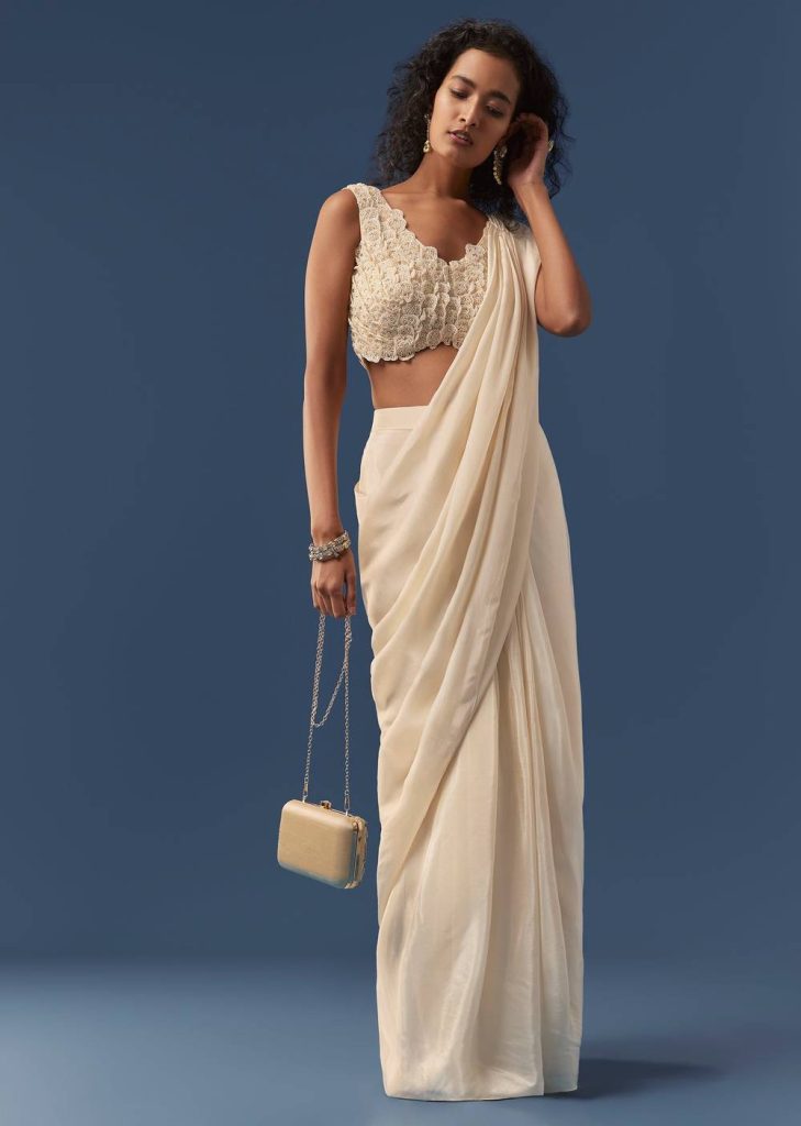 Cream Pre-Draped Beaded Saree with Blouse