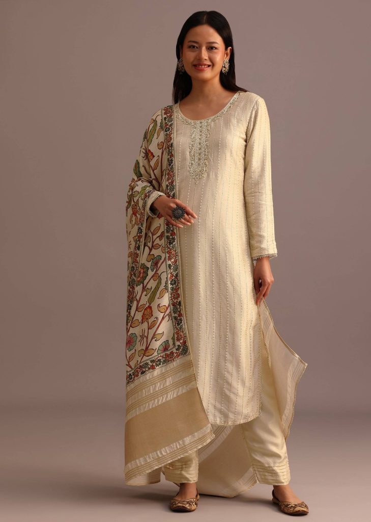 Beige Embroidered Kurti Pant Set With Kalamkari Printed Chanderi Dupatta
