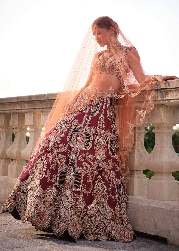 Red Silk Bridal Lehenga With Sequins And Stone Embroidery