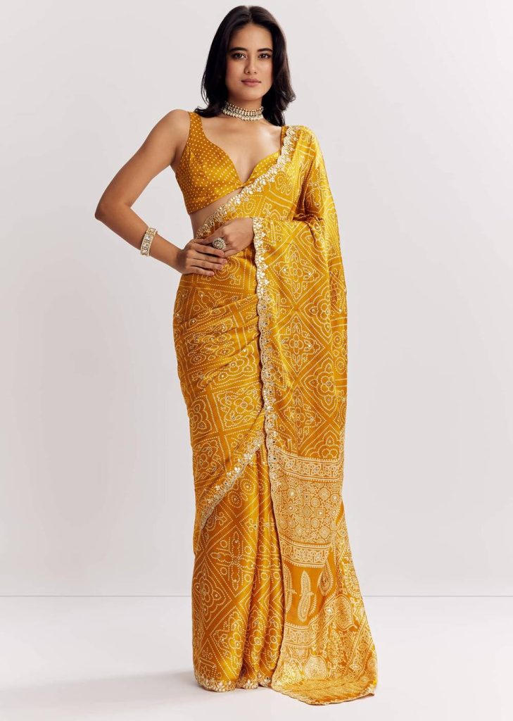 Mustard Yellow Satin Ajrakh Printed Saree With Gota Embroidery