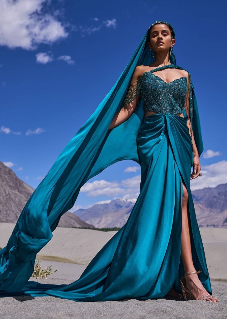 Peacock Green Embroidered Satin Gown With Sweetheart Neckline

