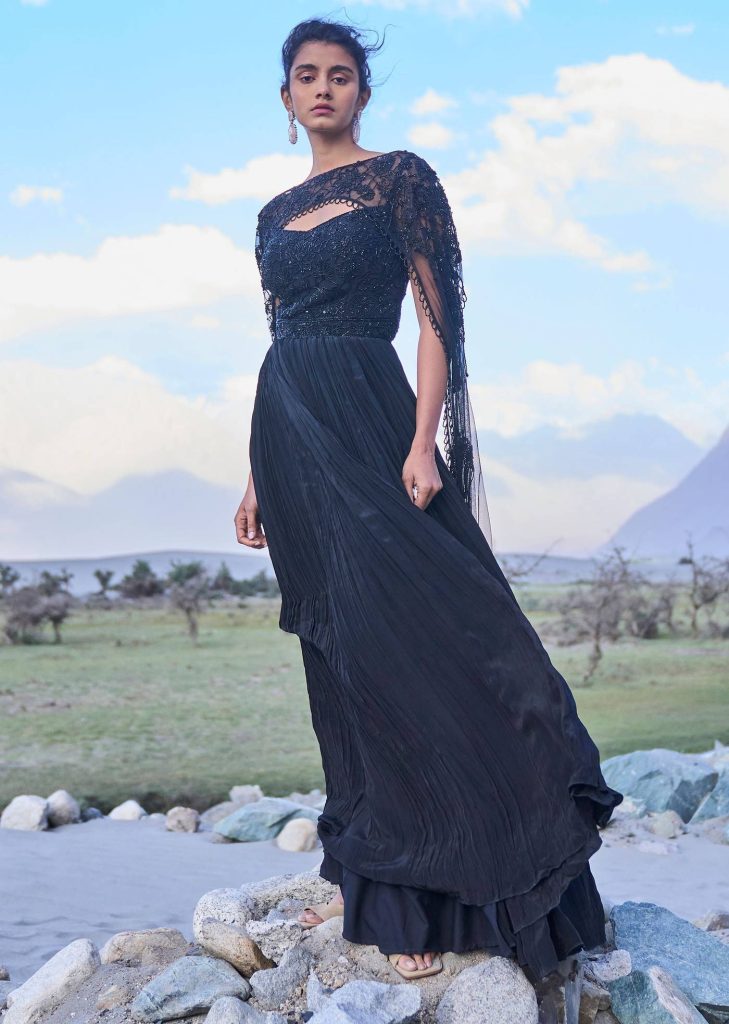 Black Embroidered Crepe Rushed Gown With Cape

