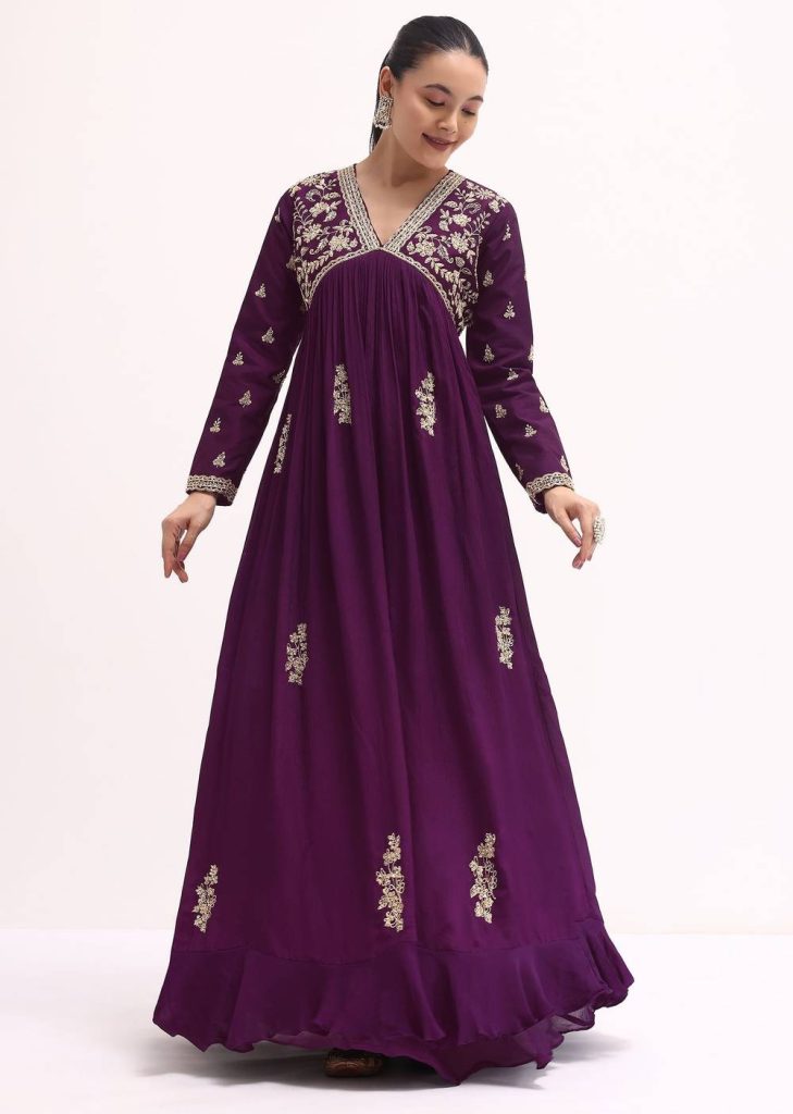 Purple Embroidered Chiffon Gown

