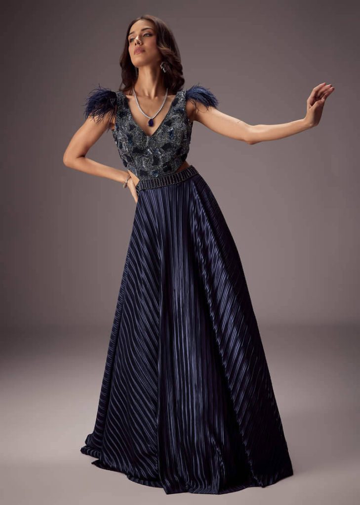 Elegant Navy Crepe Gown With Embroidered Yoke And Sweeping Ghera

