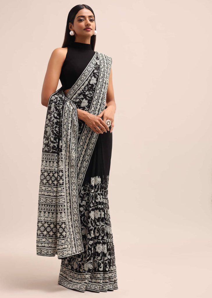 Black Georgette Chikankari Saree With Jaal Work And Unstitched Blouse
