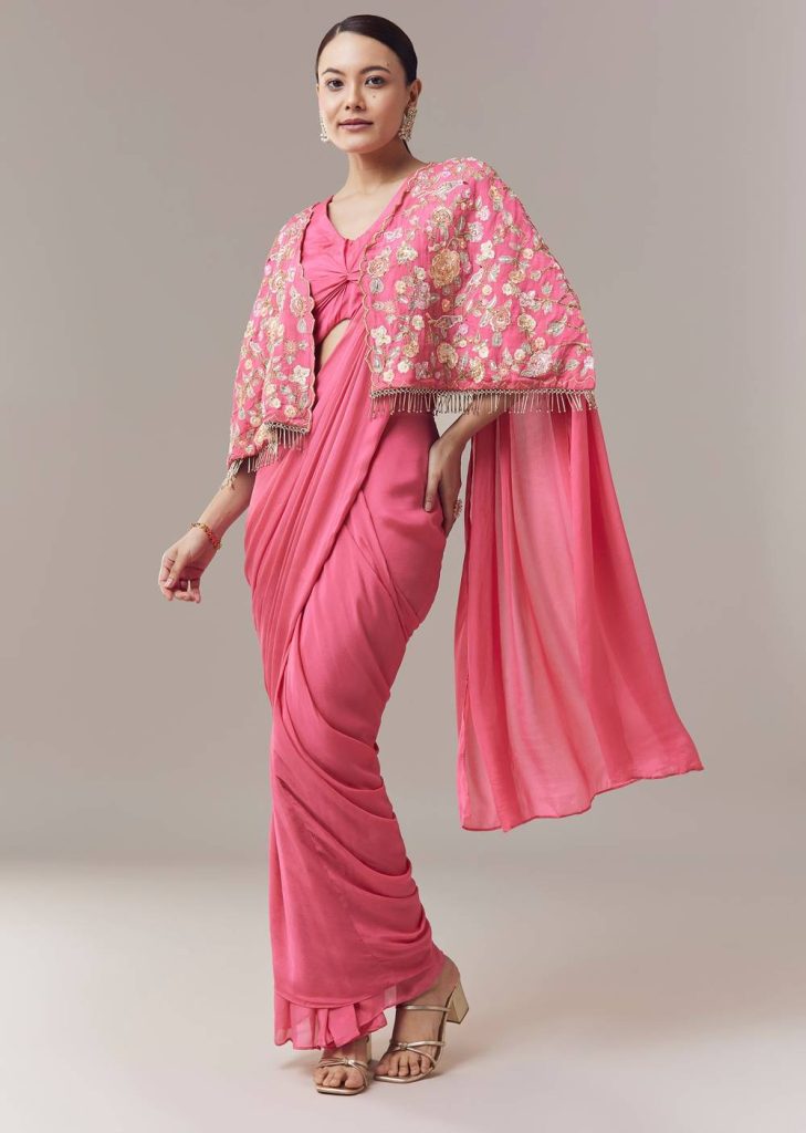Pink Ready Pleated Saree With Cape Blouse And Resham And Sequins Work