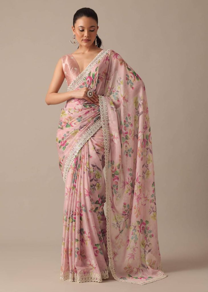 Pink Chiffon Saree With Floral Prints And Unstitched Blouse Piece