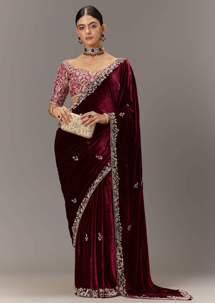 Maroon Saree In Velvet With Brocade Embroidered Blouse