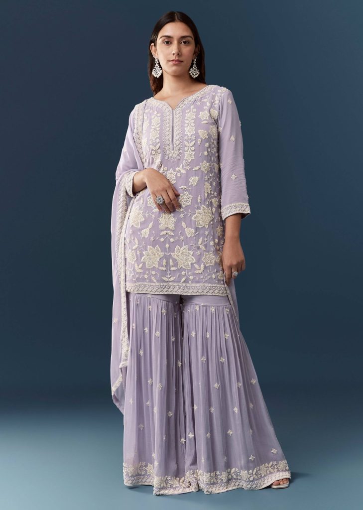 Lilac Georgette Embroidered Kurta Sharara Set

