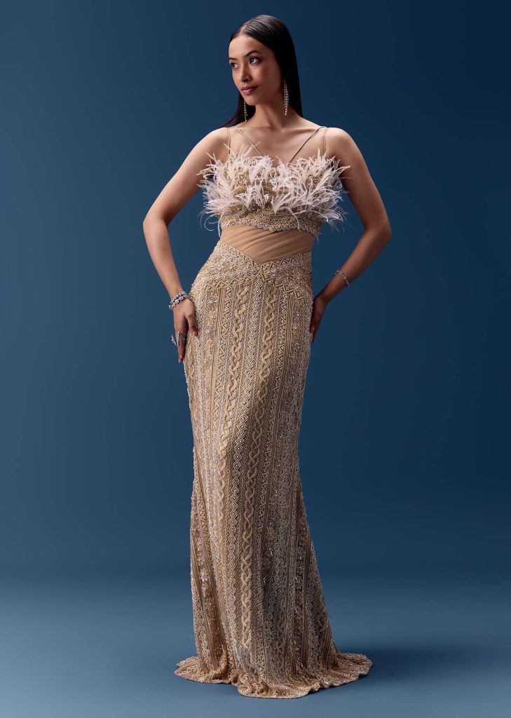 Gold Hand Embroidered Feather Detail Gown

